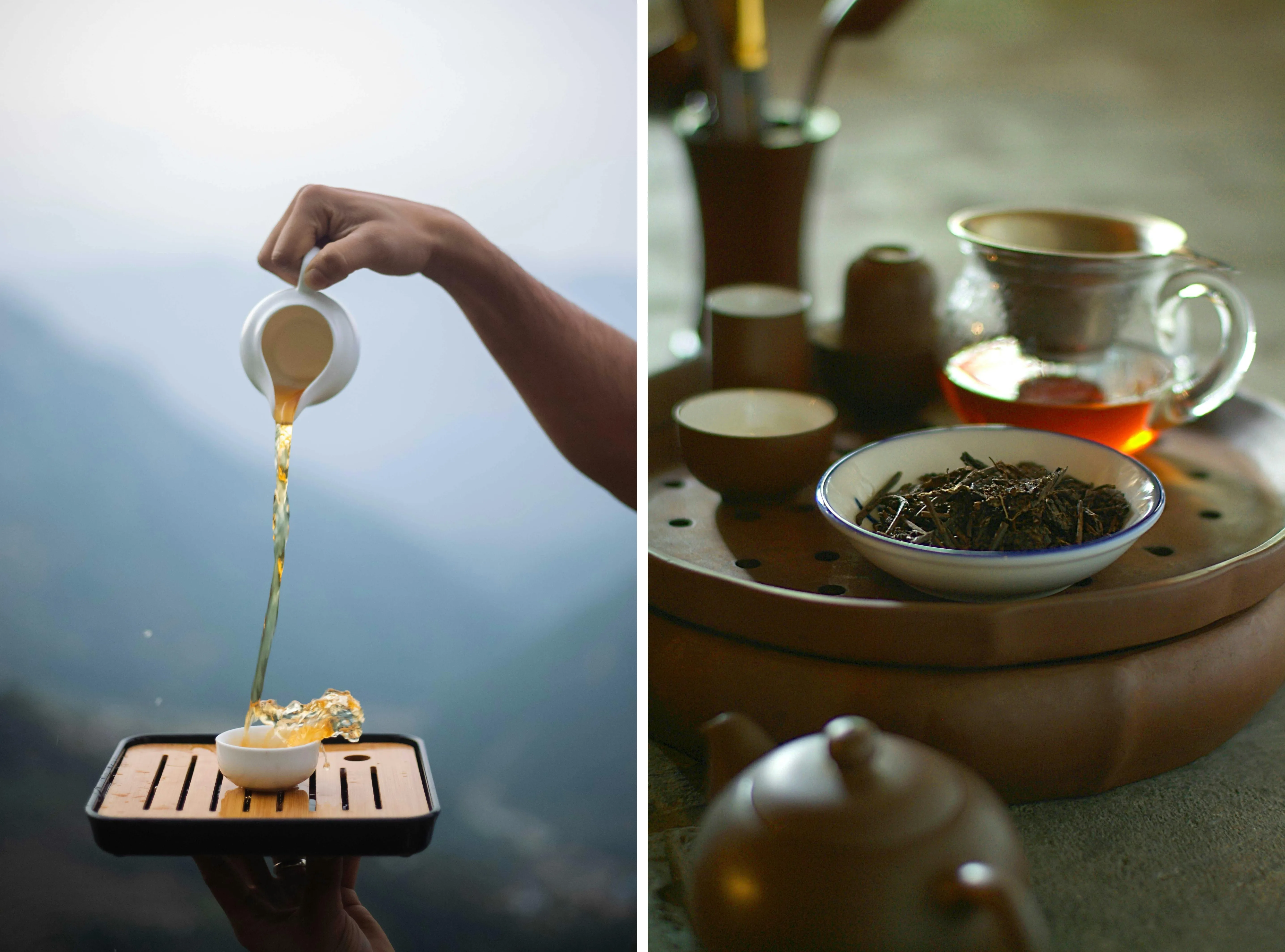 A gongfu tea service — loose tea leaves and tiny cups with a clay pot on a traditional tea tray