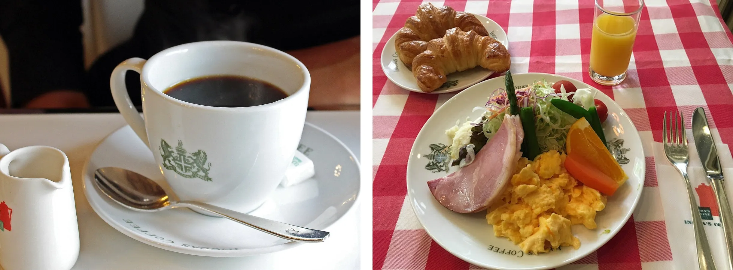 A cup of Inoda Coffee with its crested china, and the kissaten's classic morning set of croissant, scrambled eggs, ham and orange juice